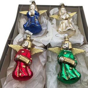 Vintage GERMANY Stamped Blown Glass Musical Angel Ornaments Set of 4 w/ Box